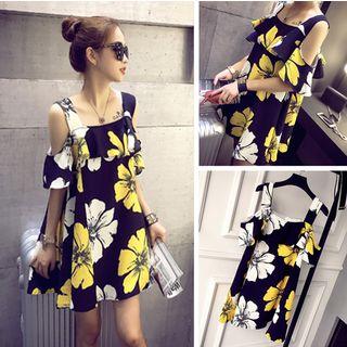 Fleece-lined Cutout Shoulder Short-sleeve Dress