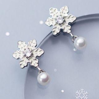 Faux Pearl Drop Snowflake Earring S925 Silver - 1 Pair - Silver - One Size
