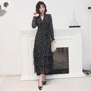 Floral V-neck Long-sleeve Midi A-line Dress