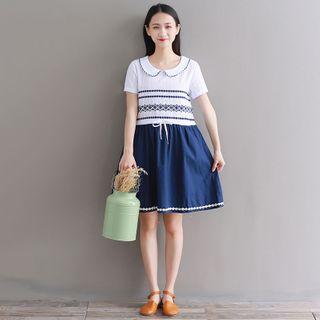 Embroidered Collared Short-sleeve Mini A-line Dress