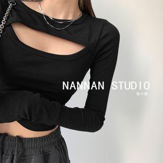 Long-sleeve Mock Two-piece Cutout Cropped T-shirt
