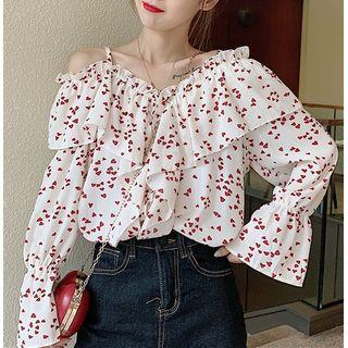 Off-shoulder Heart Printed Chiffon Top