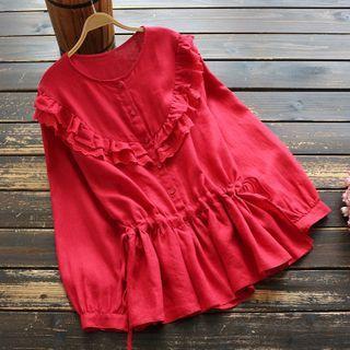 Long-sleeve Frill Trim Linen Top