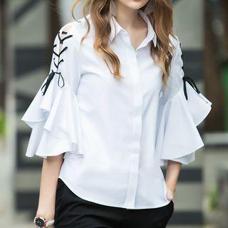 3/4-sleeve Frill-trim Lace-up Shirt
