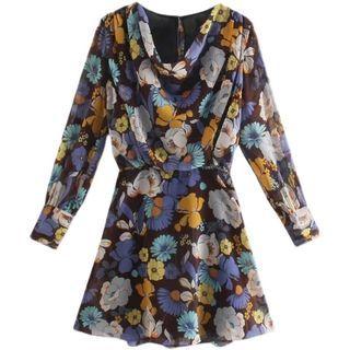 Long-sleeve Cowl-neck Floral Mini A-line Dress