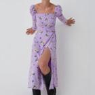 Long Sleeve Square-neck Floral Print Slit Long Dress