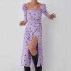 Long Sleeve Square-neck Floral Print Slit Long Dress