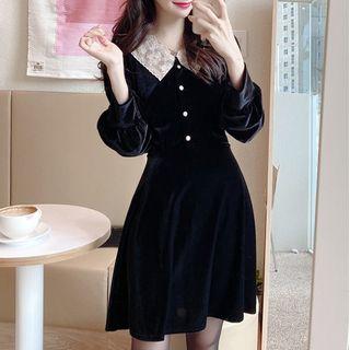 Lace Collar Long-sleeve Velvet A-line Dress
