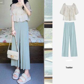 Short-sleeve Frill Trim Blouse / Wide Leg Pants / Set