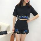Set: Short-sleeve Cropped Embroidered T-shirt + Shorts