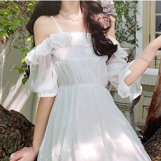 Off-shoulder Ruffle Trim Dress White - One Size