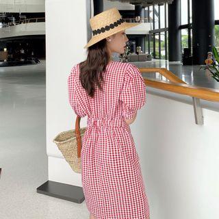 Check V-neck Puff-sleeve Slim-fit Dress