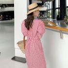 Check V-neck Puff-sleeve Slim-fit Dress