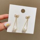 Bow Rhinestone Faux Pearl Chained Dangle Earring A050 - 1 Pair - 925 Silver - Gold - One Size