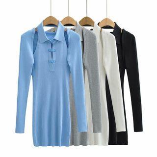 Set: Collared Ribbed Knit Mini Sheath Tank Dress + Long-sleeve Shrug