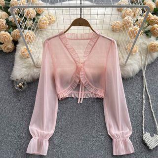Plain Ruffle Lace-up Strap Chiffon Cropped Top