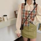 Long-sleeve Collared Blouse / Plaid Camisole Top / Faux Leather Mini Fitted Skirt