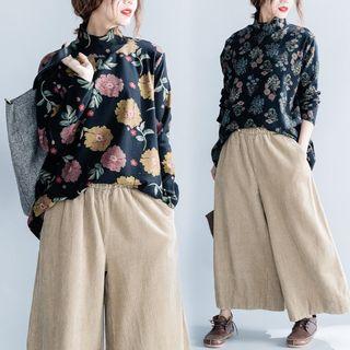 Mock Neck Floral Print Long-sleeve Top