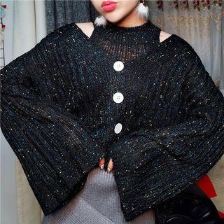 Set: Halter Knit Top + Melange Cardigan Black - One Size