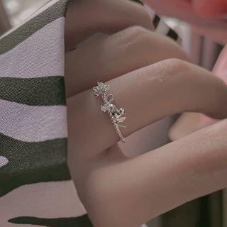 Cat & Flower Sterling Silver Open Ring 1 Pc - Silver - One Size
