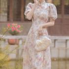 Puff-sleeve Floral Print Midi A-line Qipao Dress