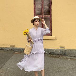 3/4-sleeve Ruffle A-line Midi Dress