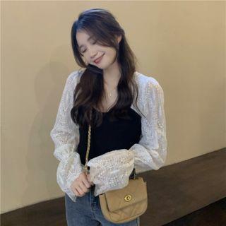 Lace Panel Long-sleeve Top Black & White - One Size