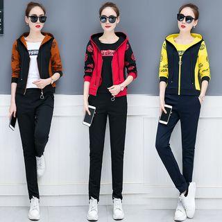 Set: Short-sleeve Lettering T-shirt + Color Block Zip Hooded Jacket + Sweatpants