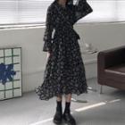 Bell-sleeve Floral Print Midi A-line Dress Floral - Black - One Size