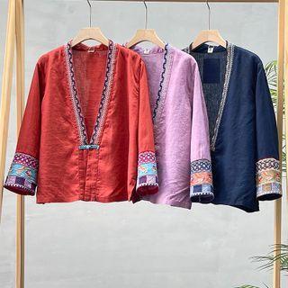 V-neck Frog-button Embroidered Blouse