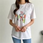 Floral Print Lace-trim T-shirt