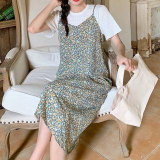 Short-sleeve Knit Top / Spaghetti Strap Floral Midi A-line Dress