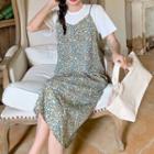 Short-sleeve Knit Top / Spaghetti Strap Floral Midi A-line Dress