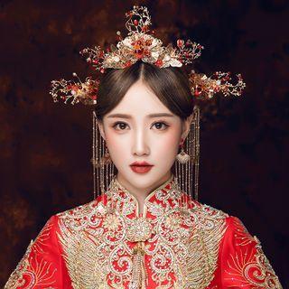 Set: Wedding Branches Tiara + Hair Stick + Fringed Earring Set - Gold & Red - One Size