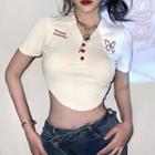 Short-sleeve Butterfly Embroidered Polo Crop Top