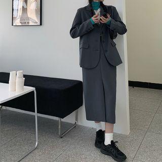 Single-breasted Plain Blazer / Front Slit Midi Skirt