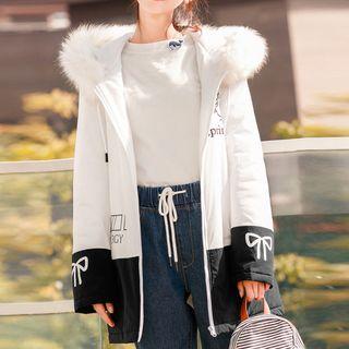 Furry Trim Hooded Print Coat