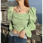 Bell-sleeve Plaid Cropped Blouse Green - One Size