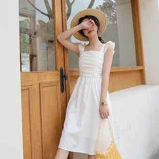 Sleeveless Frill Trim Crinkled A-line Dress