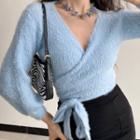 Cross V-neck Chenille Lace-up Knit Top Light Blue - One Size