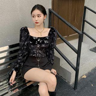 Floral Print Velvet Blouse As Shown In Figure - One Size