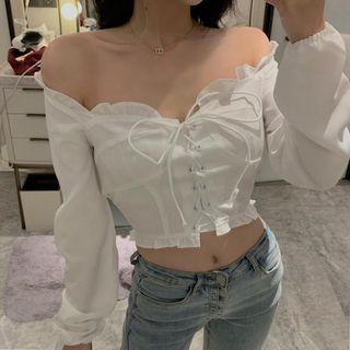 Long-sleeve Frill Trim Lace-up Cropped Top White - One Size