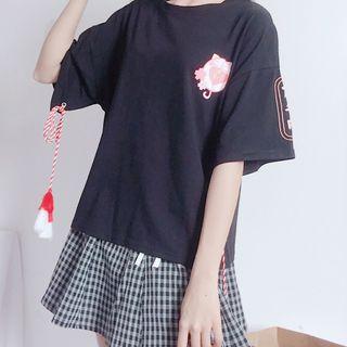 Elbow-sleeve Printed Tasseled Top