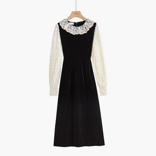 Long-sleeve Lace Panel Frill Trim Midi A-line Dress Dress - Black - One Size