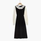 Long-sleeve Lace Panel Frill Trim Midi A-line Dress Dress - Black - One Size
