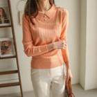 Collared Faux-pearl Trim Ribbed Knit Top