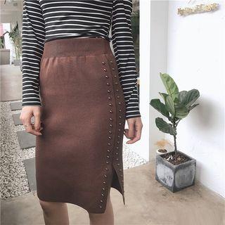 Plain Slim-fit Rivet Fitted Skirt