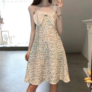 Spaghetti Strap Leopard Print Midi A-line Dress Spaghetti Strap Dress - Leopard - Khaki - One Size
