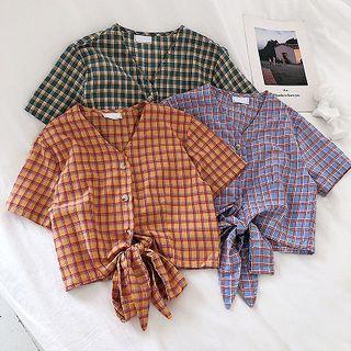 Color-block Check V-neck Single-breasted Lace-up Short-sleeve Blouse