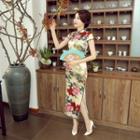 Cap-sleeve Flower Silk Maxi Cheongsam